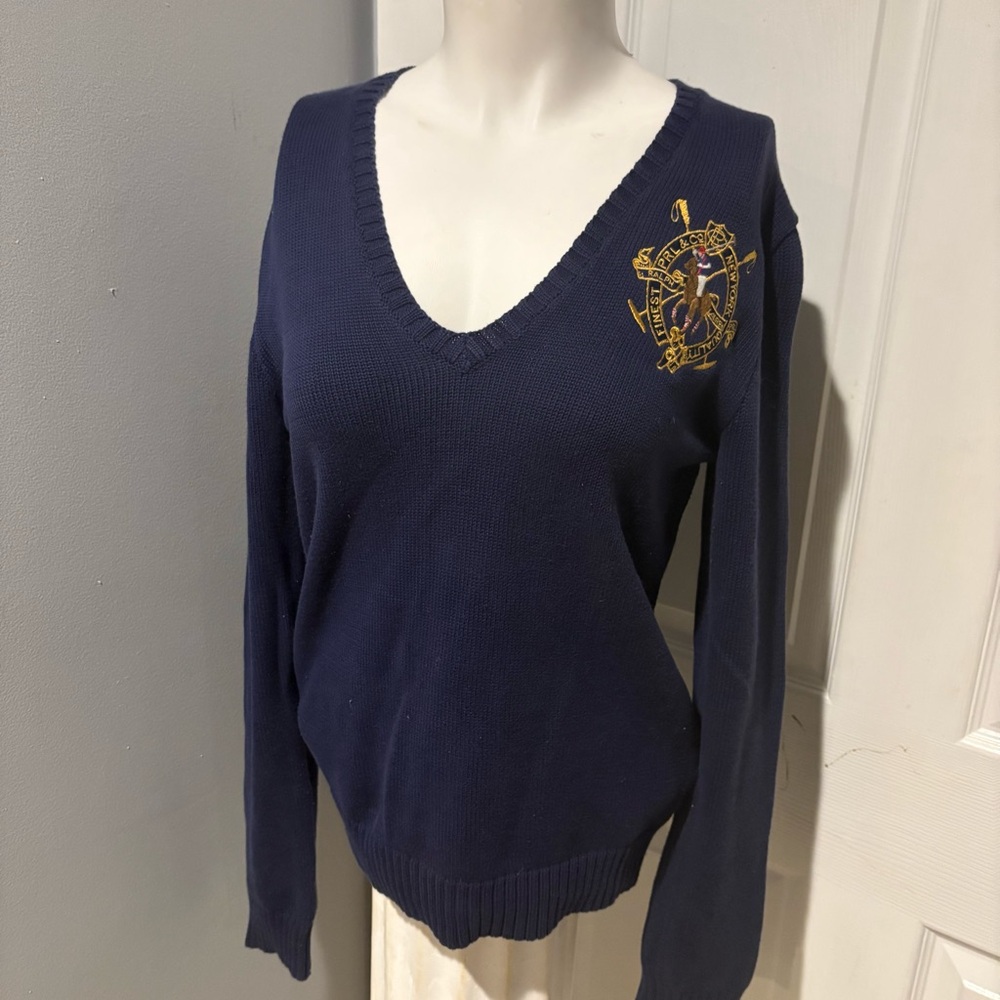 Ralph Lauren Sport Navy V-Neck Sweater with Gold Embroidery Emblem S/L